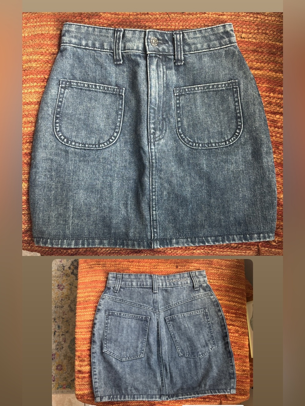 Carmar Blue Washed Denim Mini Skirt with Front Patch Pockets
